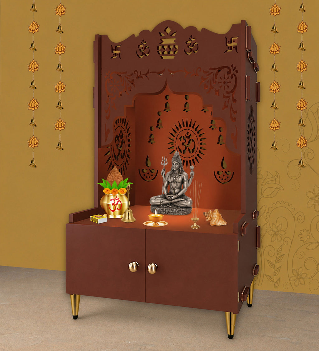 Holy Symbol Om Chakra Floor Temple with Spacious Wooden Shelf & Inbuilt Focus Light- Brown Finish