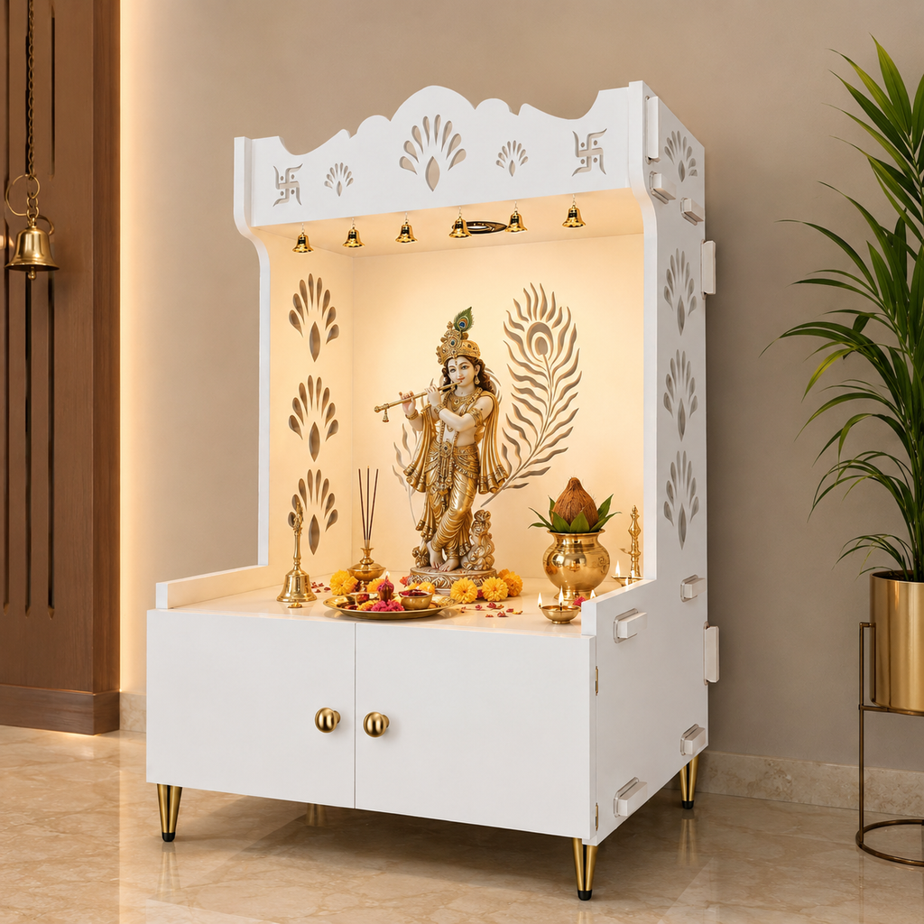 Premium Art of Mor Pankh Floor Temple with Spacious Wooden Shelf & Inbuilt Focus Light- White Finish