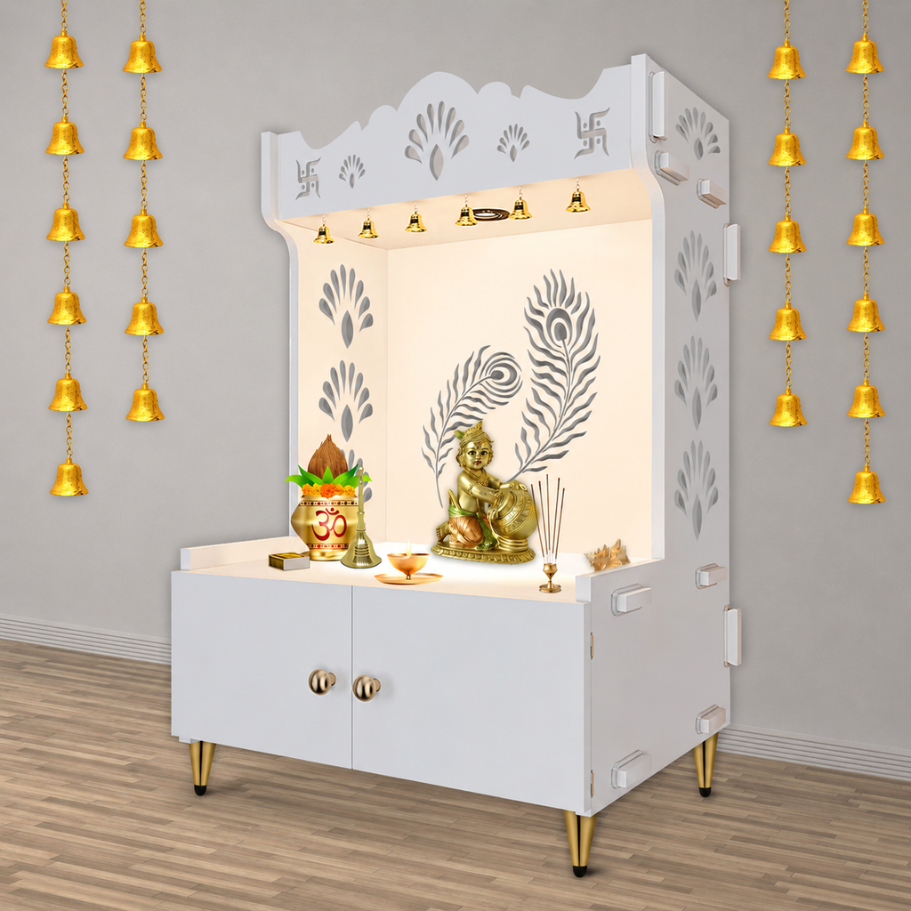 Premium Art of Mor Pankh Floor Temple with Spacious Wooden Shelf & Inbuilt Focus Light- White Finish