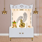 Premium Art of Mor Pankh Floor Temple with Spacious Wooden Shelf & Inbuilt Focus Light- White Finish