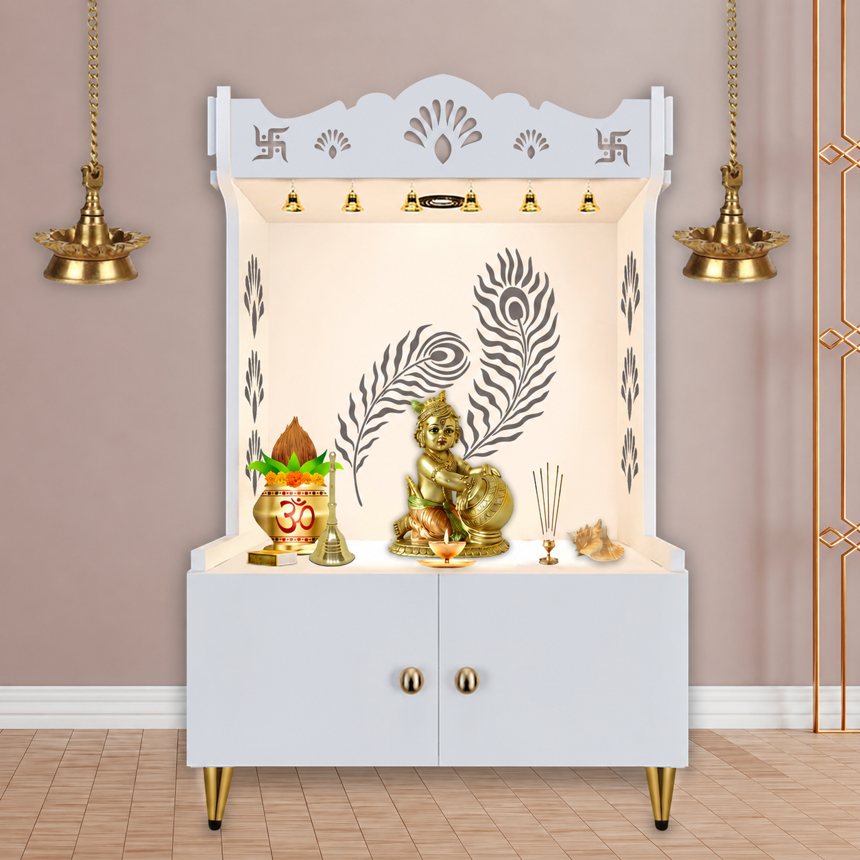 Premium Art of Mor Pankh Floor Temple with Spacious Wooden Shelf & Inbuilt Focus Light- White Finish