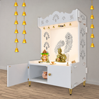 Premium Art of Mor Pankh Floor Temple with Spacious Wooden Shelf & Inbuilt Focus Light- White Finish