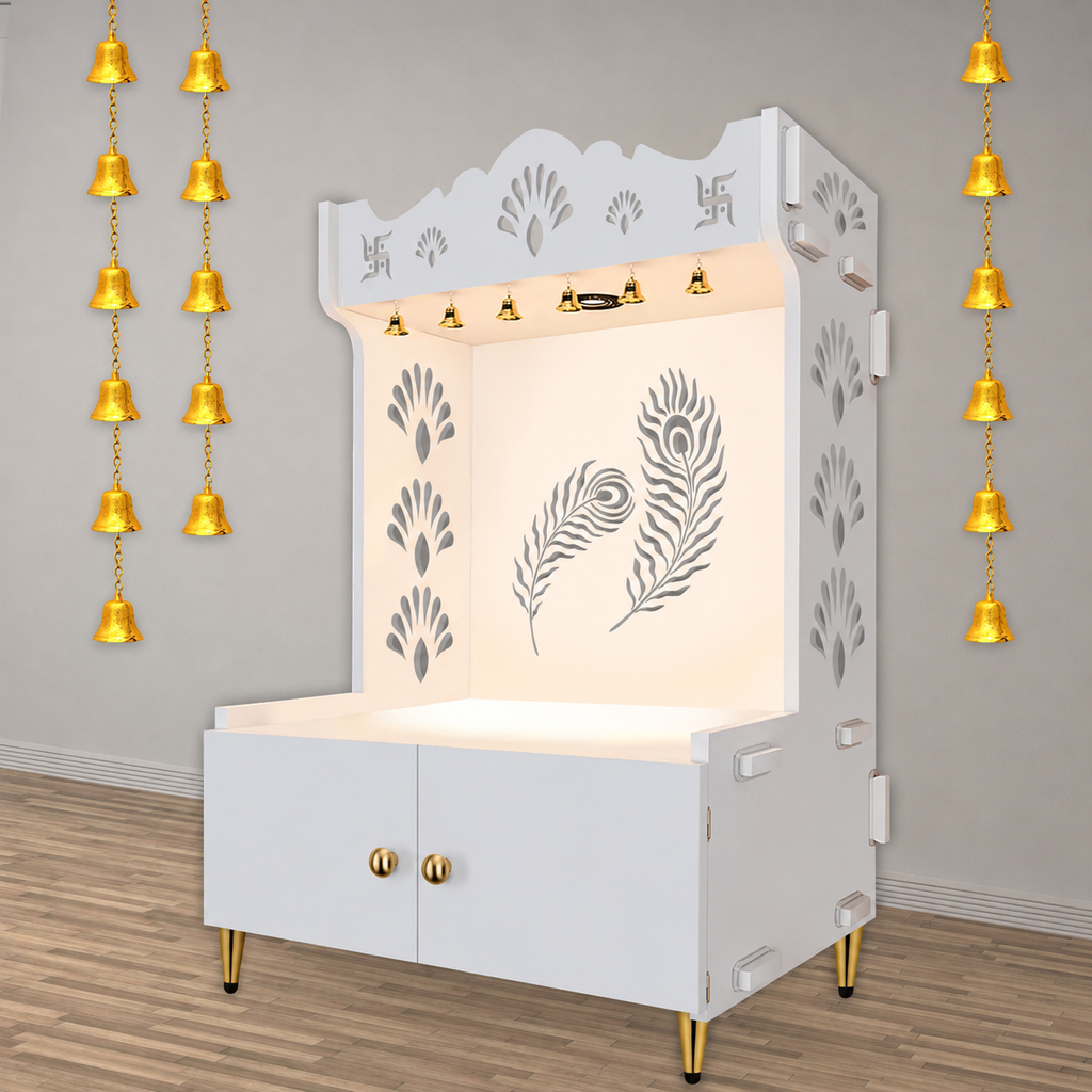 Premium Art of Mor Pankh Floor Temple with Spacious Wooden Shelf & Inbuilt Focus Light- White Finish