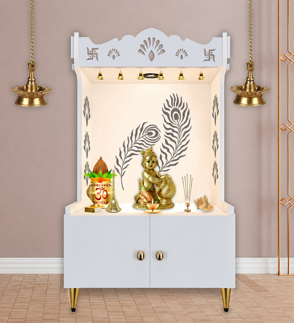 Premium Art of Mor Pankh Floor Temple with Spacious Wooden Shelf & Inbuilt Focus Light- White Finish