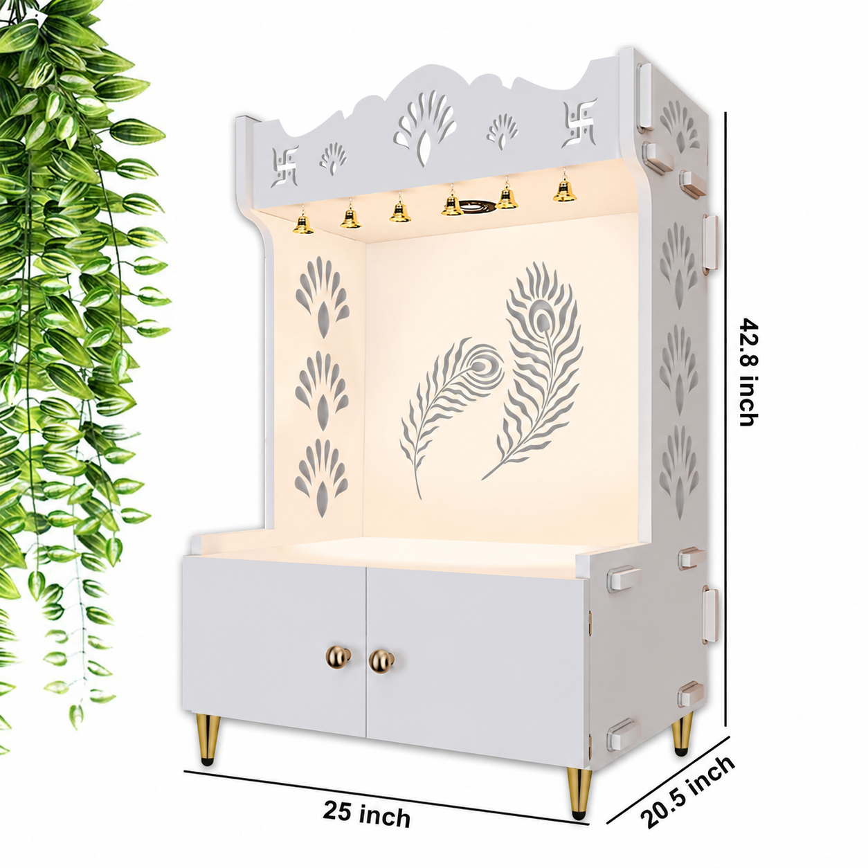 Premium Art of Mor Pankh Floor Temple with Spacious Wooden Shelf & Inbuilt Focus Light- White Finish