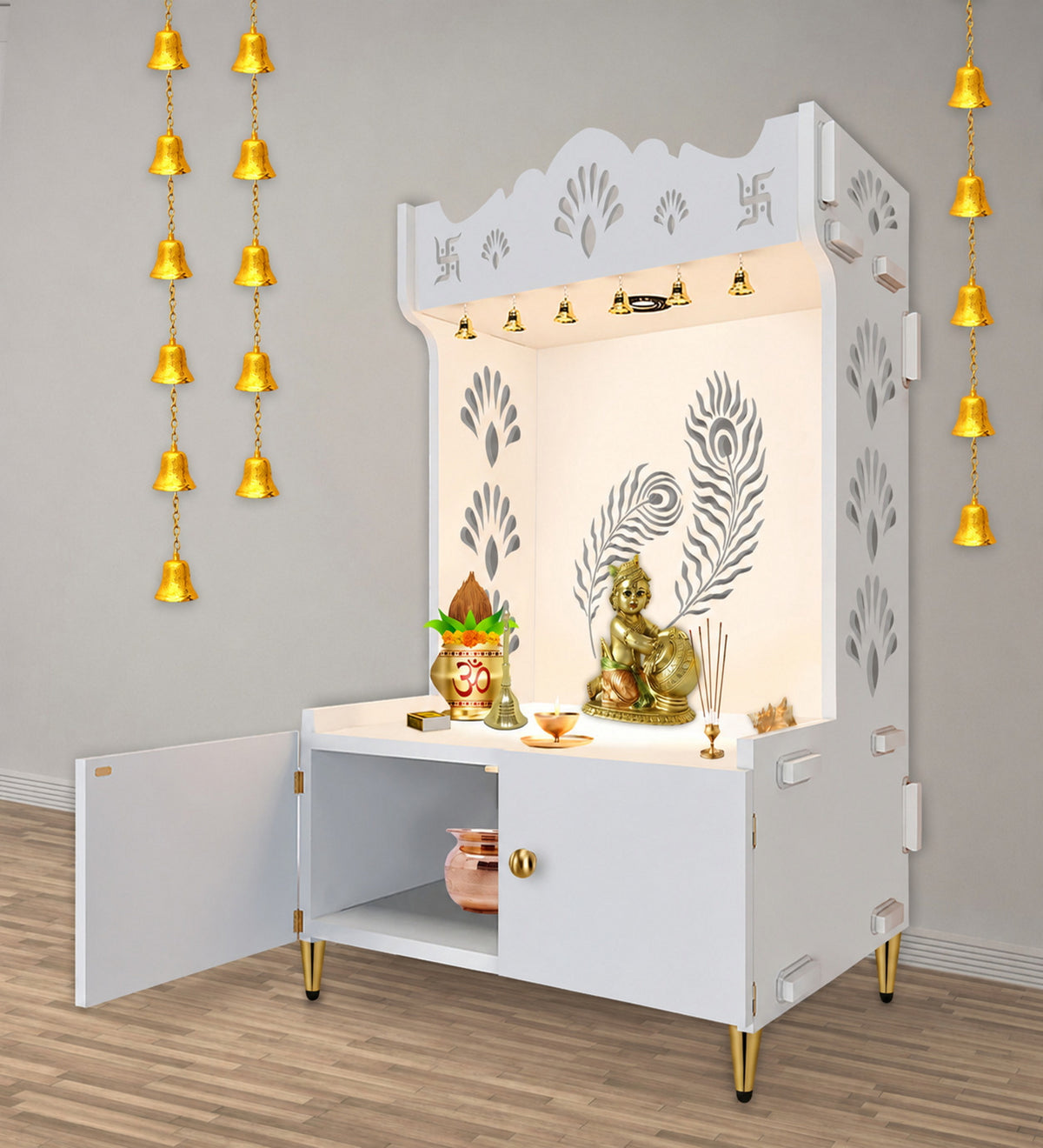 Premium Art of Mor Pankh Floor Temple with Spacious Wooden Shelf & Inbuilt Focus Light- White Finish