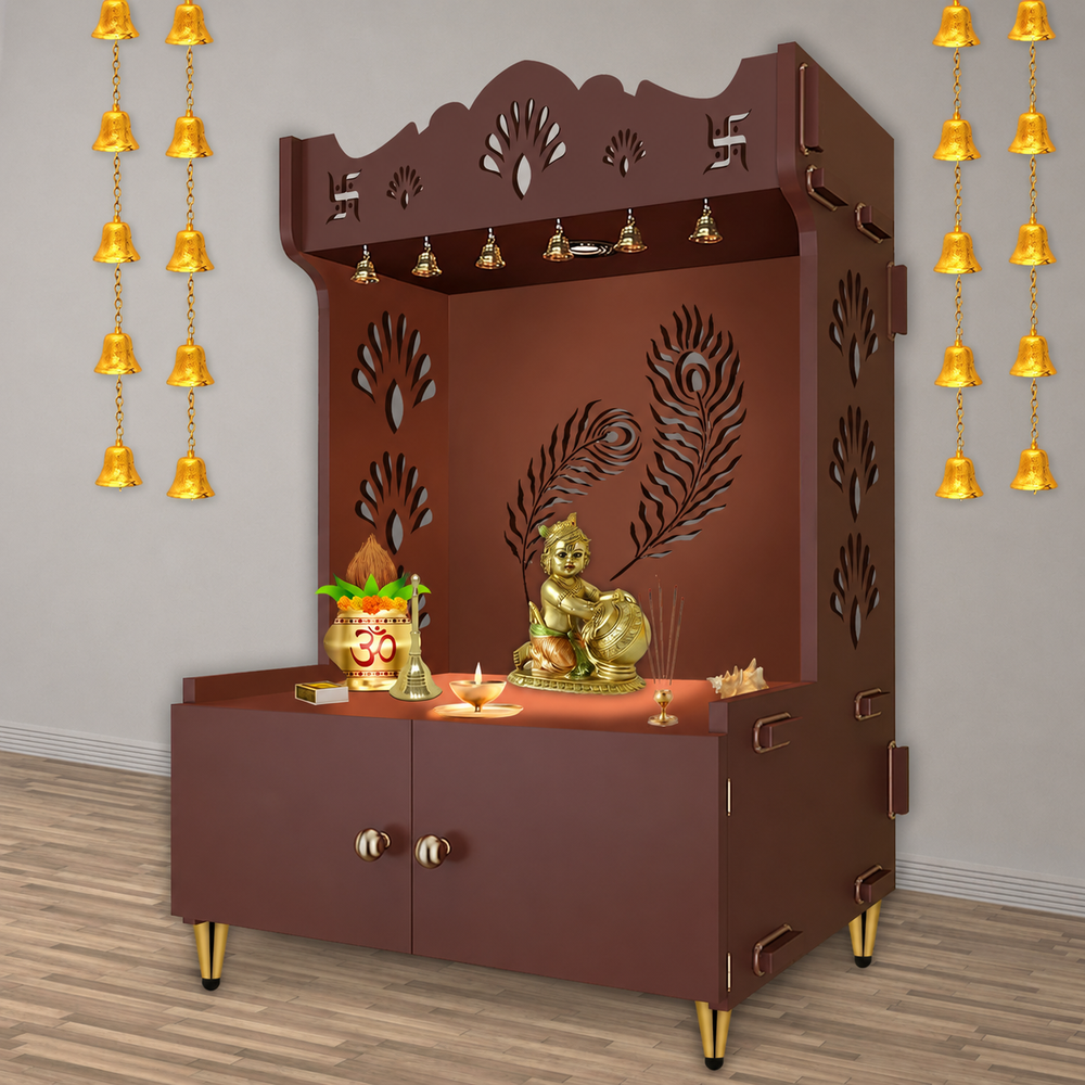 Premium Art of Mor Pankh Floor Temple with Spacious Wooden Shelf & Inbuilt Focus Light- Brown Finish