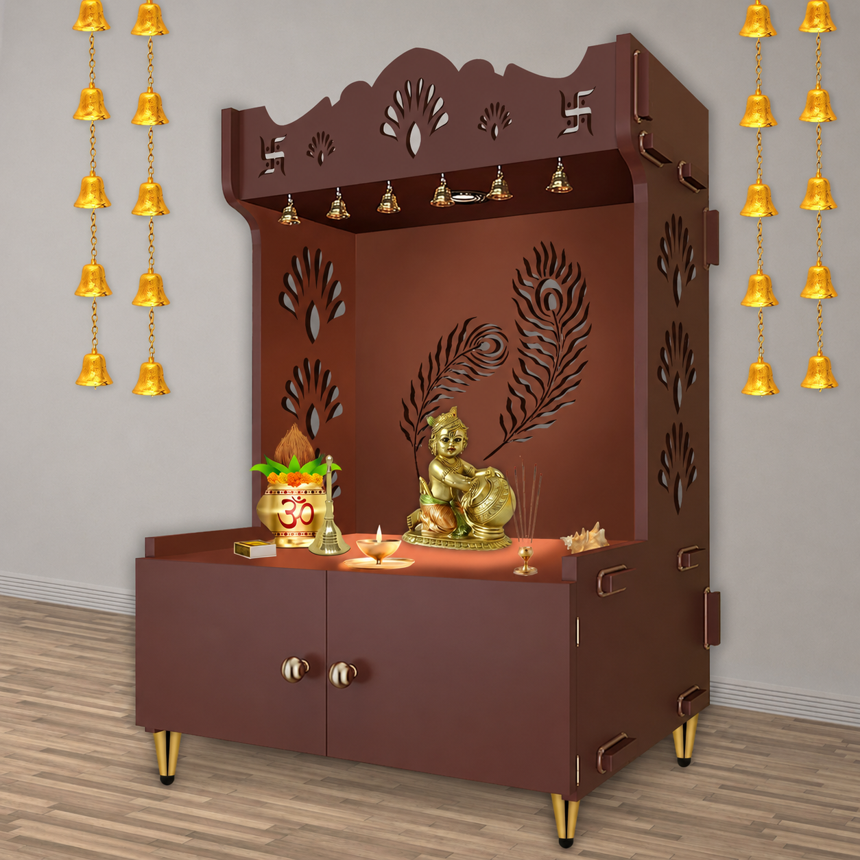 Premium Art of Mor Pankh Floor Temple with Spacious Wooden Shelf & Inbuilt Focus Light- Brown Finish