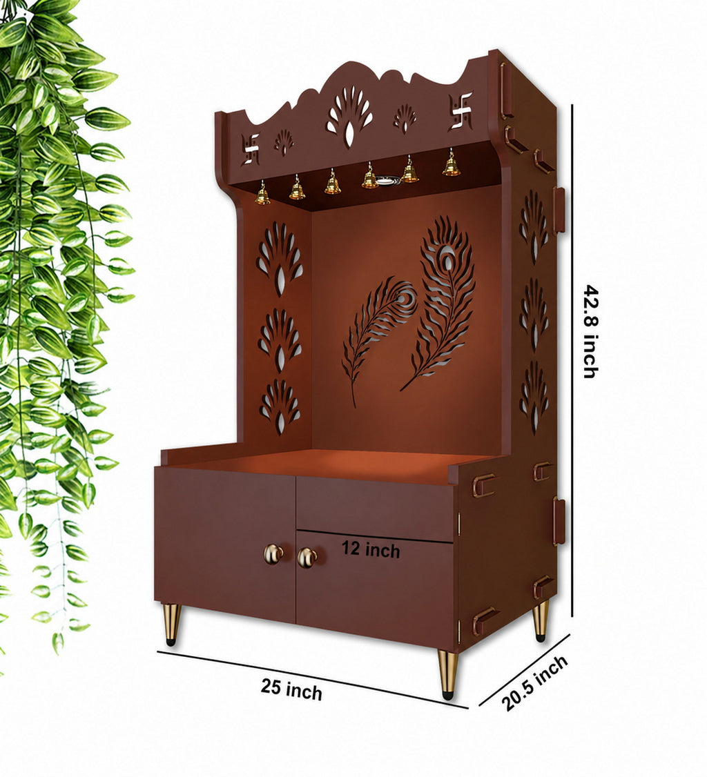 Premium Art of Mor Pankh Floor Temple with Spacious Wooden Shelf & Inbuilt Focus Light- Brown Finish