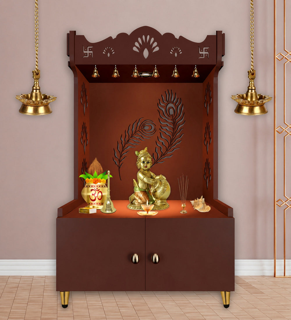 Premium Art of Mor Pankh Floor Temple with Spacious Wooden Shelf & Inbuilt Focus Light- Brown Finish