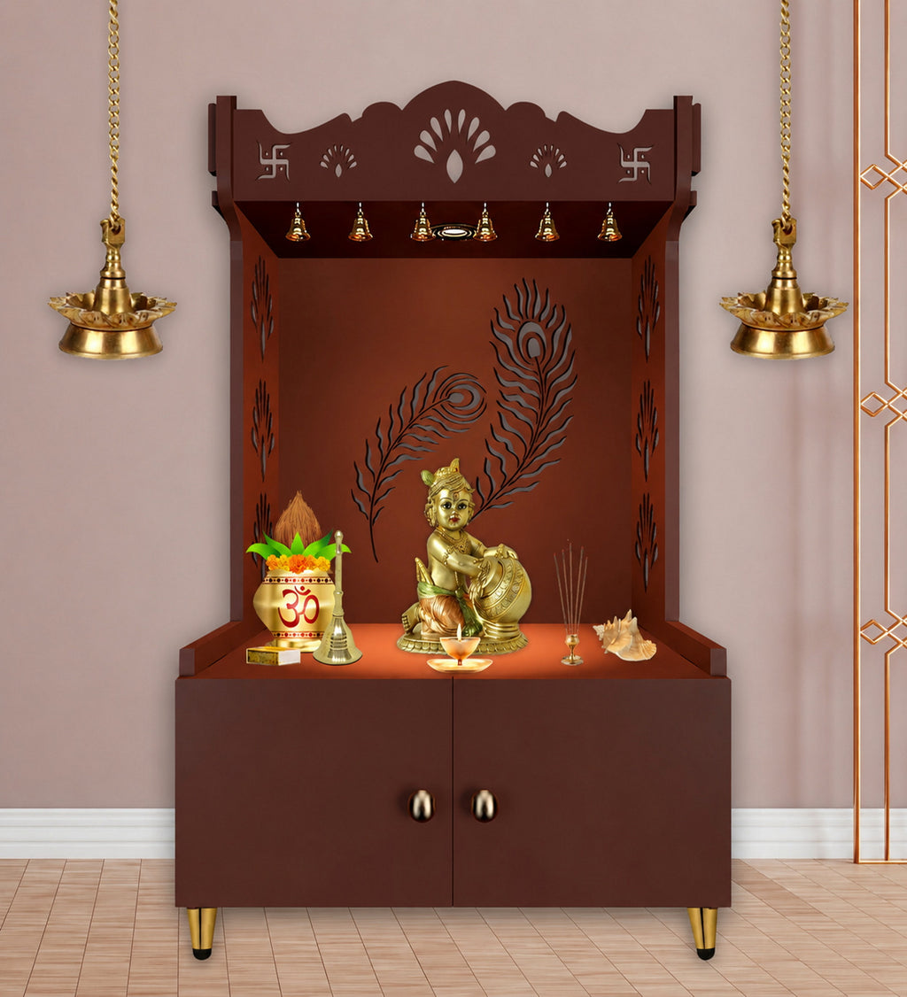 Premium Art of Mor Pankh Floor Temple with Spacious Wooden Shelf & Inbuilt Focus Light- Brown Finish