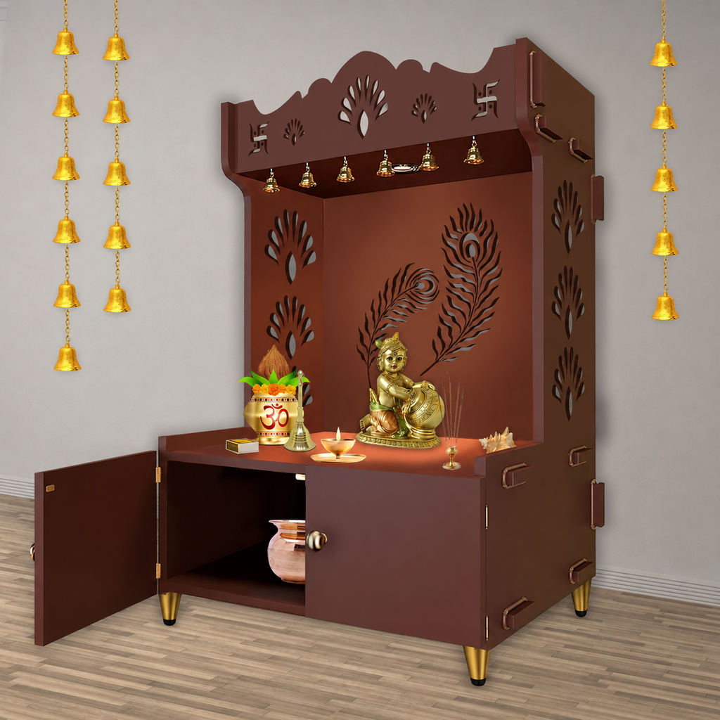Premium Art of Mor Pankh Floor Temple with Spacious Wooden Shelf & Inbuilt Focus Light- Brown Finish