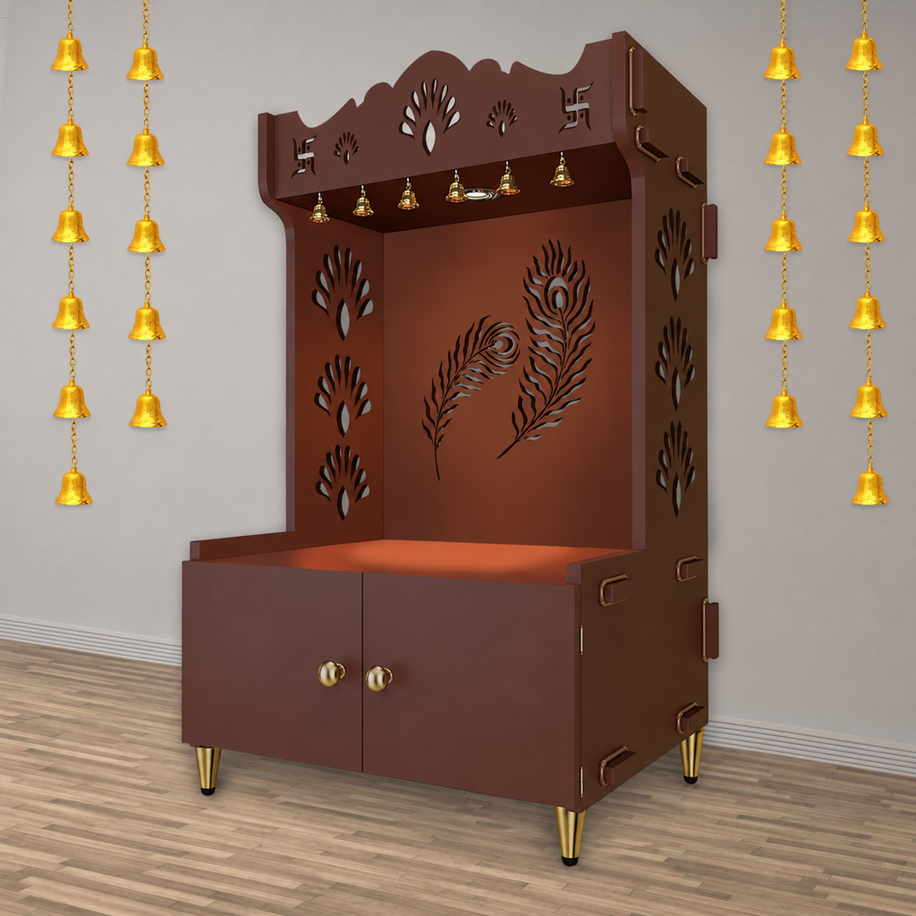 Premium Art of Mor Pankh Floor Temple with Spacious Wooden Shelf & Inbuilt Focus Light- Brown Finish