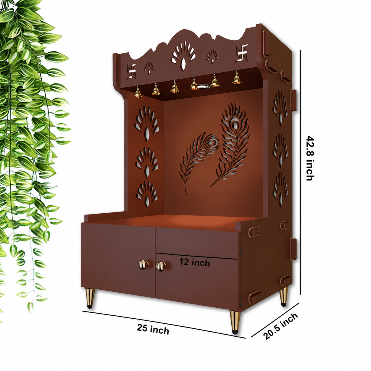 Premium Art of Mor Pankh Floor Temple with Spacious Wooden Shelf & Inbuilt Focus Light- Brown Finish