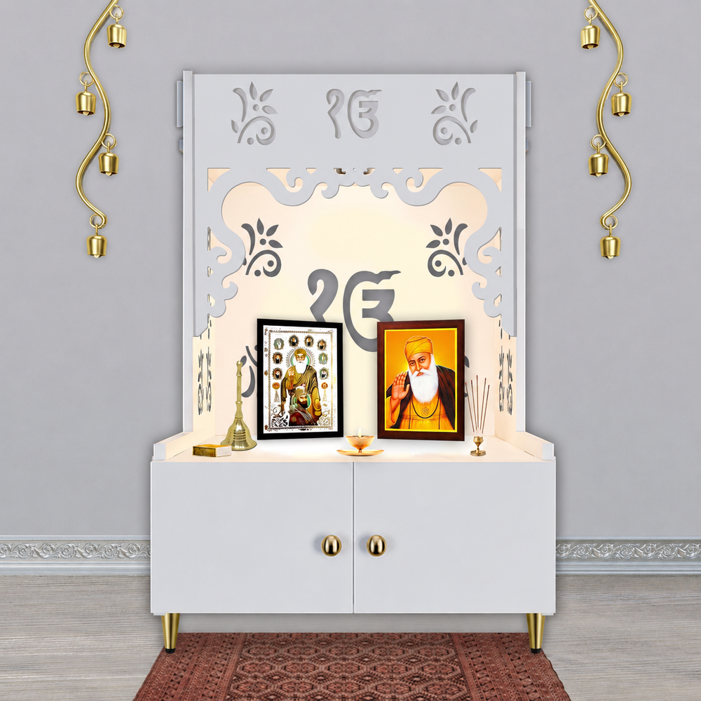 Ek-onkar Holy Symbol Floor Temple with Spacious Wooden Shelf & Inbuilt Focus Light- White Finish
