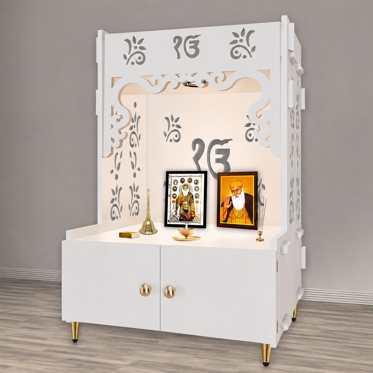 Ek-onkar Holy Symbol Floor Temple with Spacious Wooden Shelf & Inbuilt Focus Light- White Finish