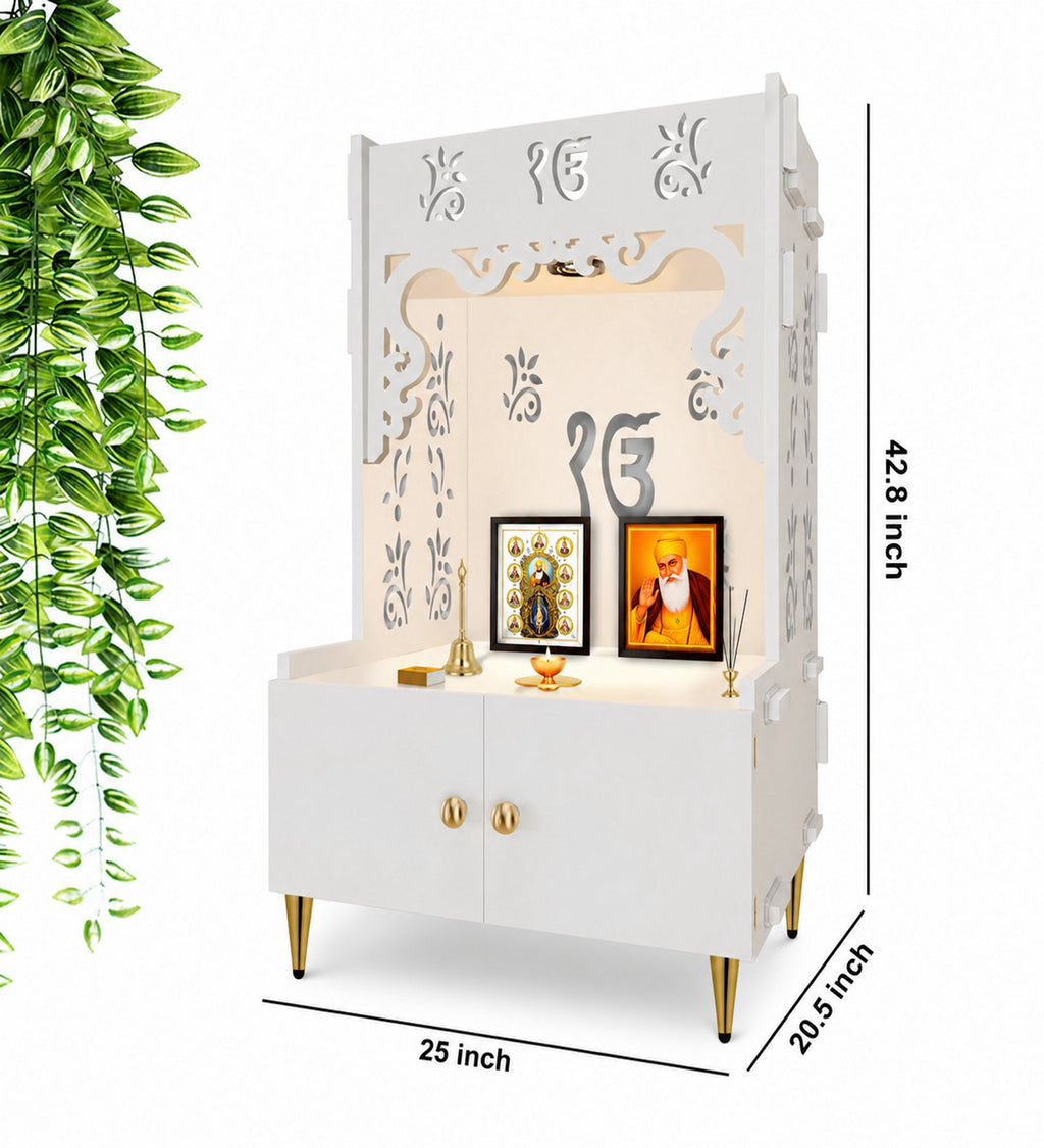 Ek-onkar Holy Symbol Floor Temple with Spacious Wooden Shelf & Inbuilt Focus Light- White Finish