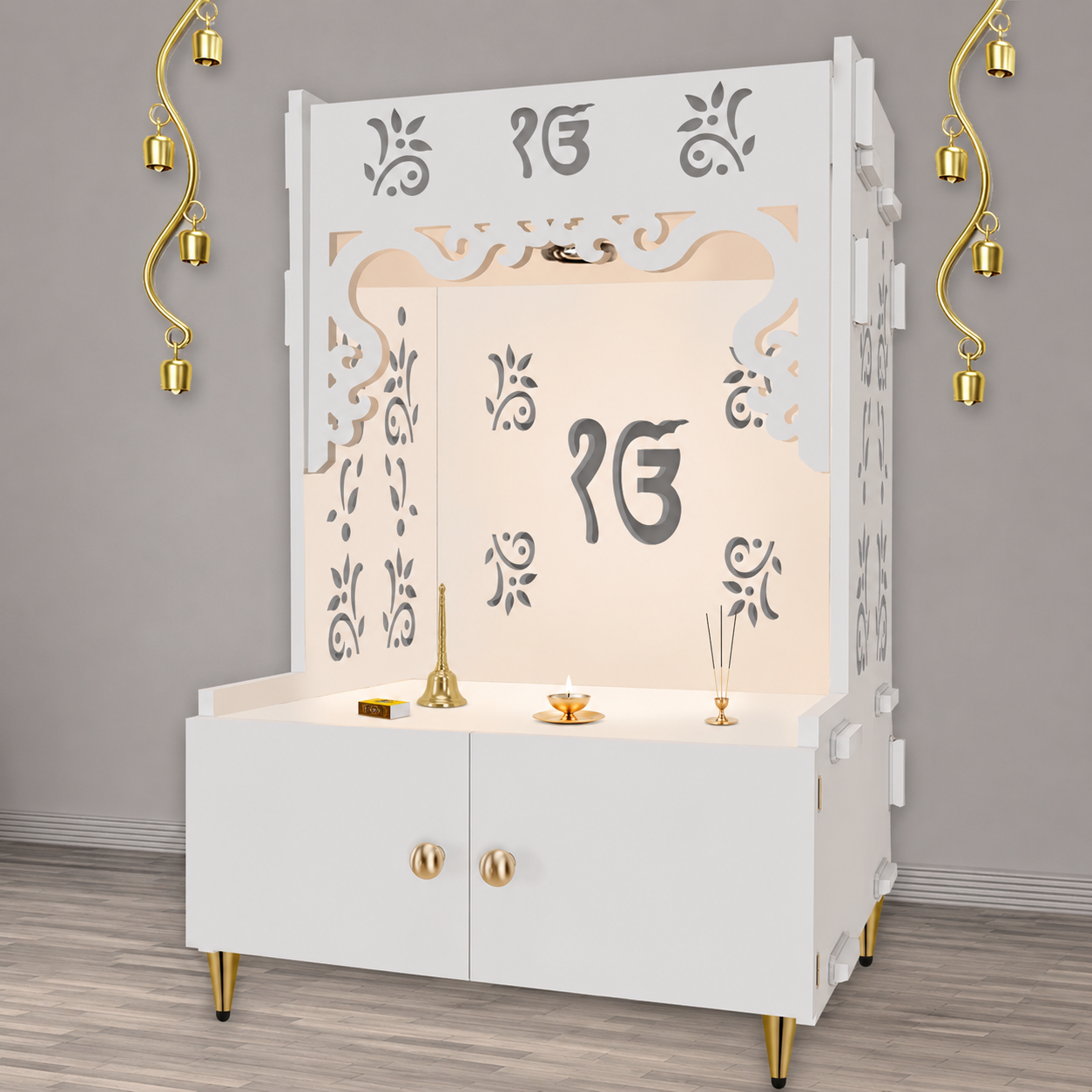 Ek-onkar Holy Symbol Floor Temple with Spacious Wooden Shelf & Inbuilt Focus Light- White Finish
