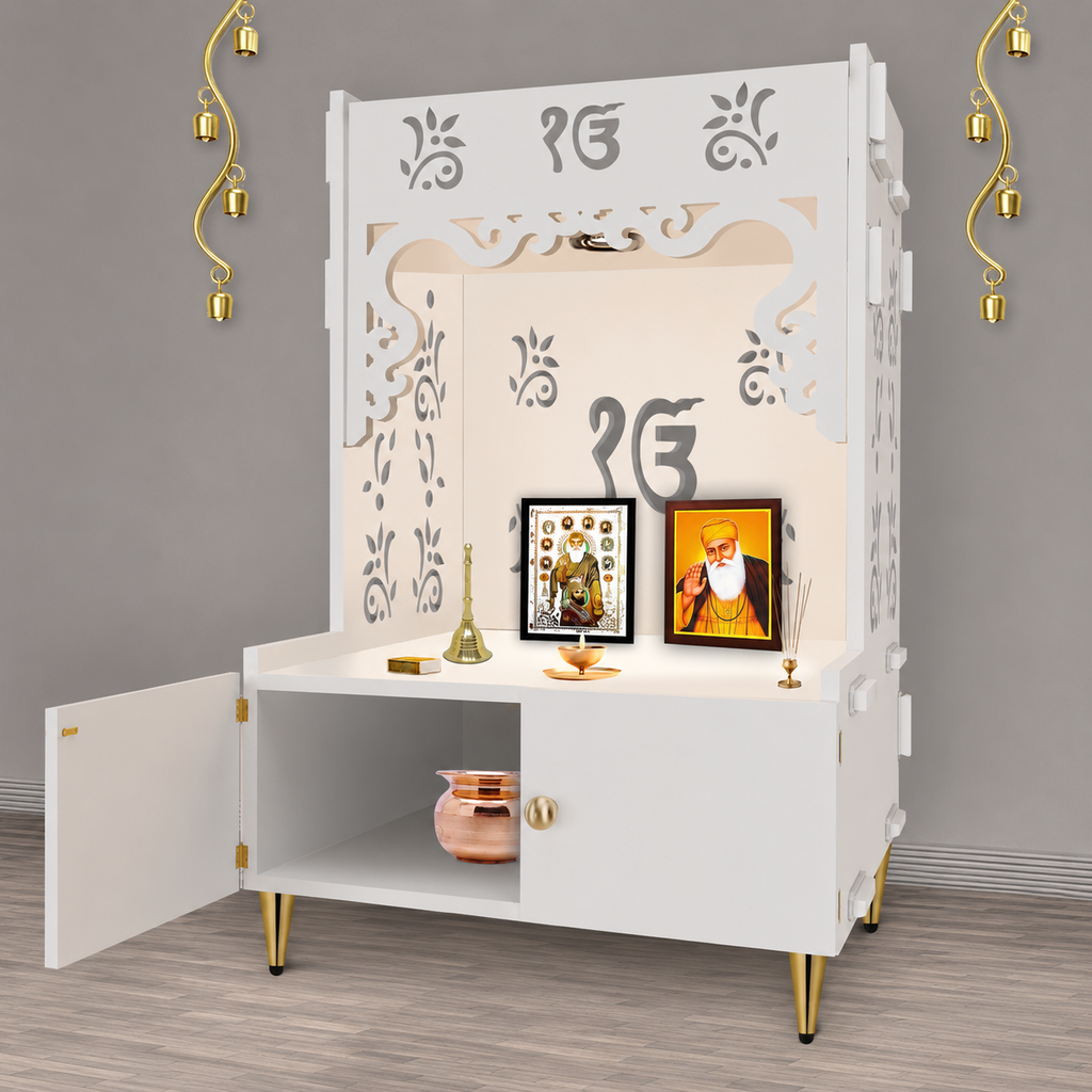 Ek-onkar Holy Symbol Floor Temple with Spacious Wooden Shelf & Inbuilt Focus Light- White Finish