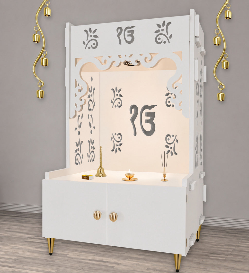Ek-onkar Holy Symbol Floor Temple with Spacious Wooden Shelf & Inbuilt Focus Light- White Finish