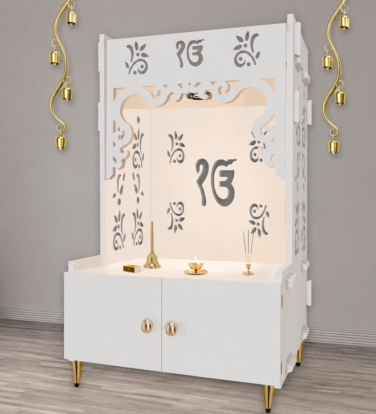 Ek-onkar Holy Symbol Floor Temple with Spacious Wooden Shelf & Inbuilt Focus Light- White Finish