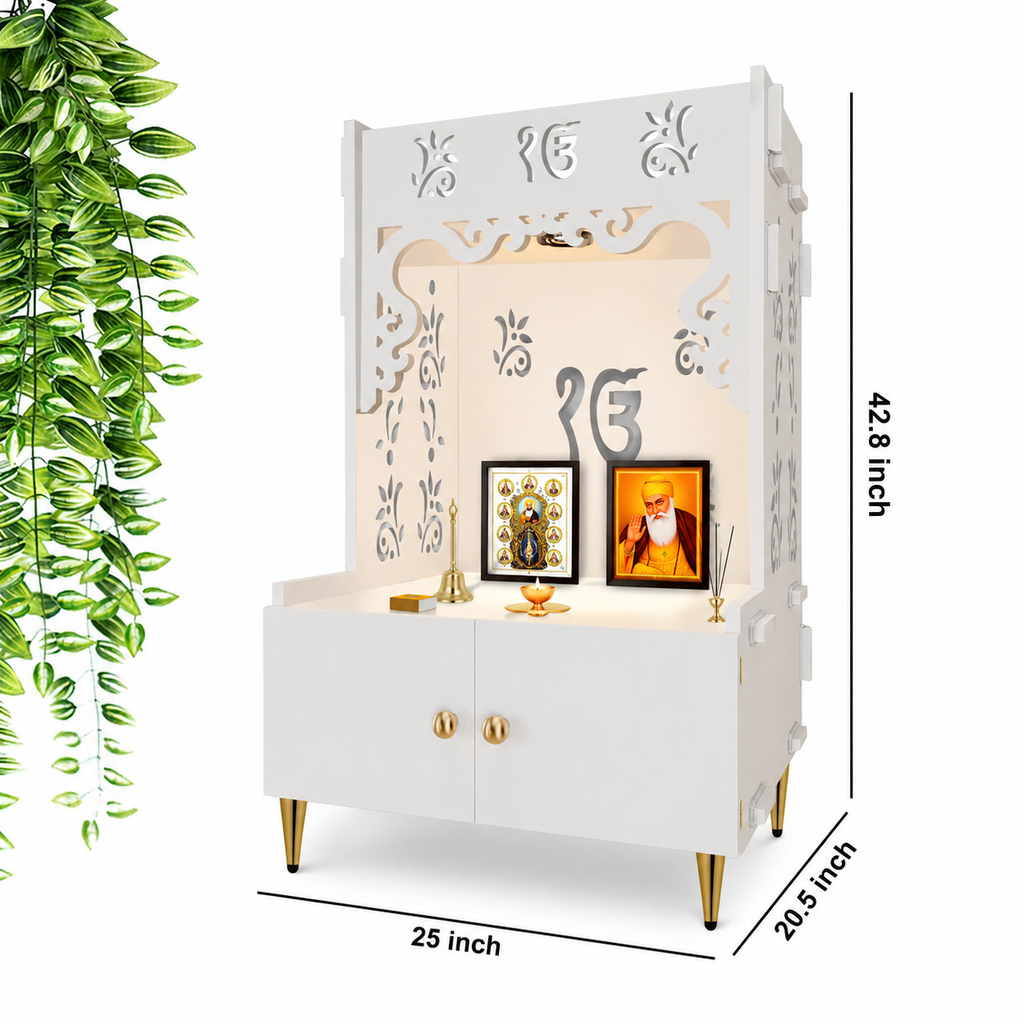 Ek-onkar Holy Symbol Floor Temple with Spacious Wooden Shelf & Inbuilt Focus Light- White Finish