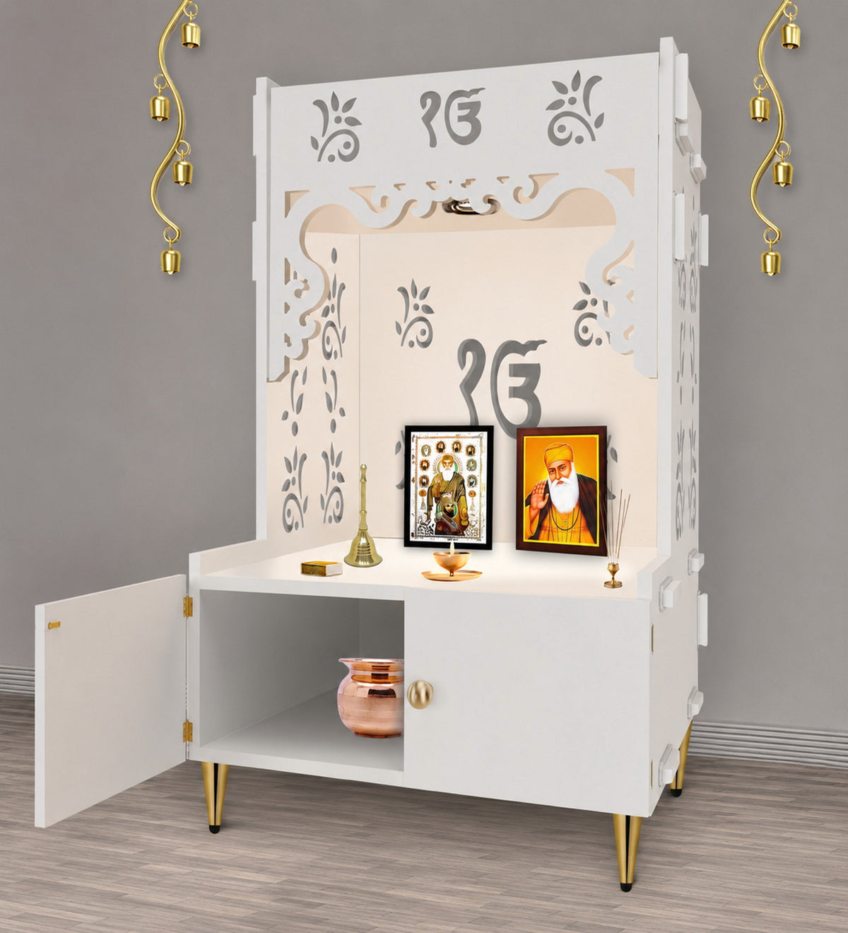 Ek-onkar Holy Symbol Floor Temple with Spacious Wooden Shelf & Inbuilt Focus Light- White Finish
