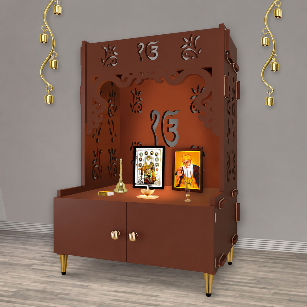 Ek-onkar Holy Symbol Floor Temple with Spacious Wooden Shelf & Inbuilt Focus Light- Brown Finish