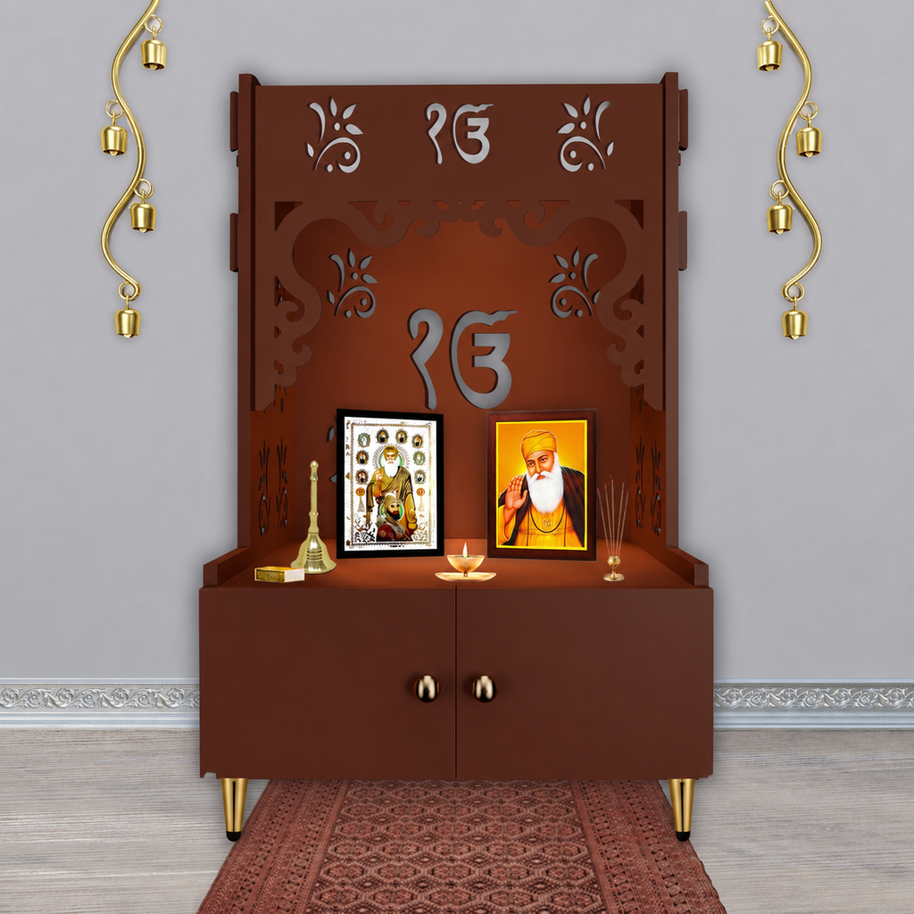Ek-onkar Holy Symbol Floor Temple with Spacious Wooden Shelf & Inbuilt Focus Light- Brown Finish