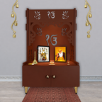 Ek-onkar Holy Symbol Floor Temple with Spacious Wooden Shelf & Inbuilt Focus Light- Brown Finish