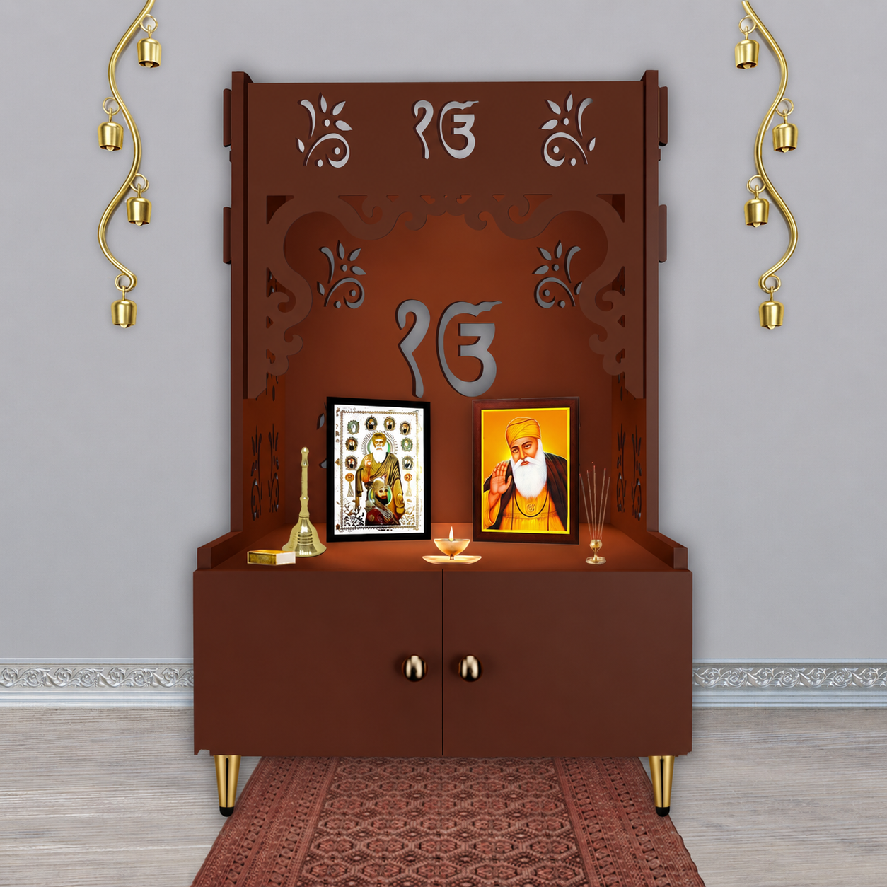 Ek-onkar Holy Symbol Floor Temple with Spacious Wooden Shelf & Inbuilt Focus Light- Brown Finish