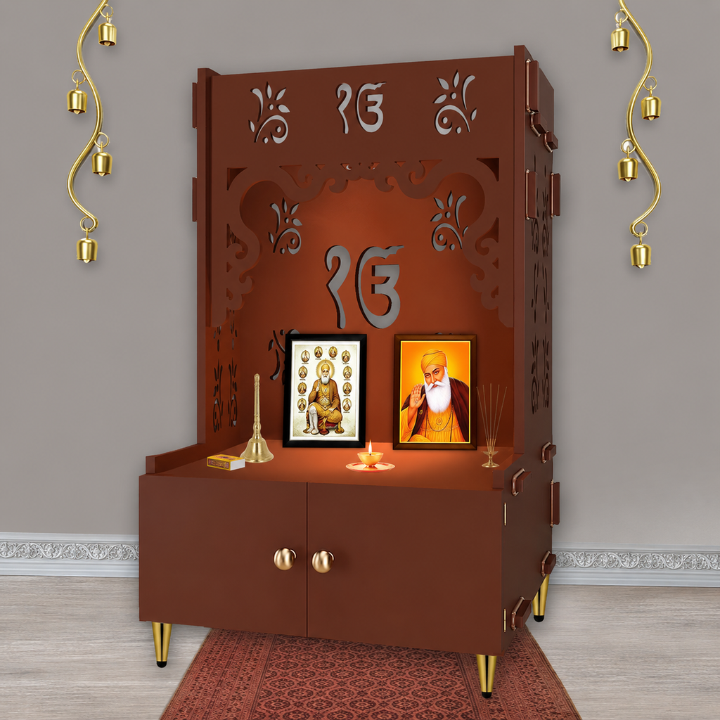 Ek-onkar Holy Symbol Floor Temple with Spacious Wooden Shelf & Inbuilt Focus Light- Brown Finish