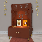 Ek-onkar Holy Symbol Floor Temple with Spacious Wooden Shelf & Inbuilt Focus Light- Brown Finish
