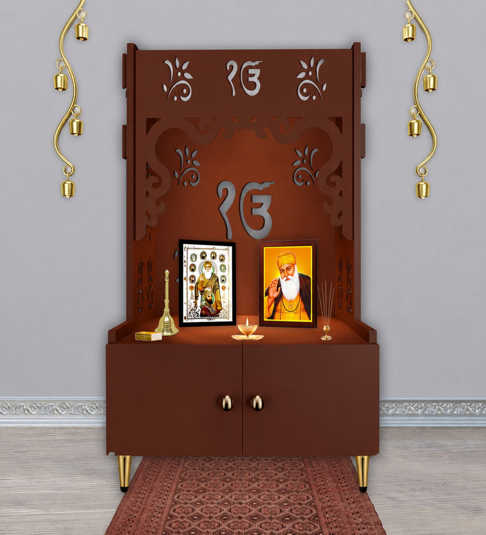 Ek-onkar Holy Symbol Floor Temple with Spacious Wooden Shelf & Inbuilt Focus Light- Brown Finish