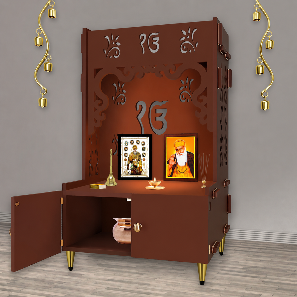 Ek-onkar Holy Symbol Floor Temple with Spacious Wooden Shelf & Inbuilt Focus Light- Brown Finish
