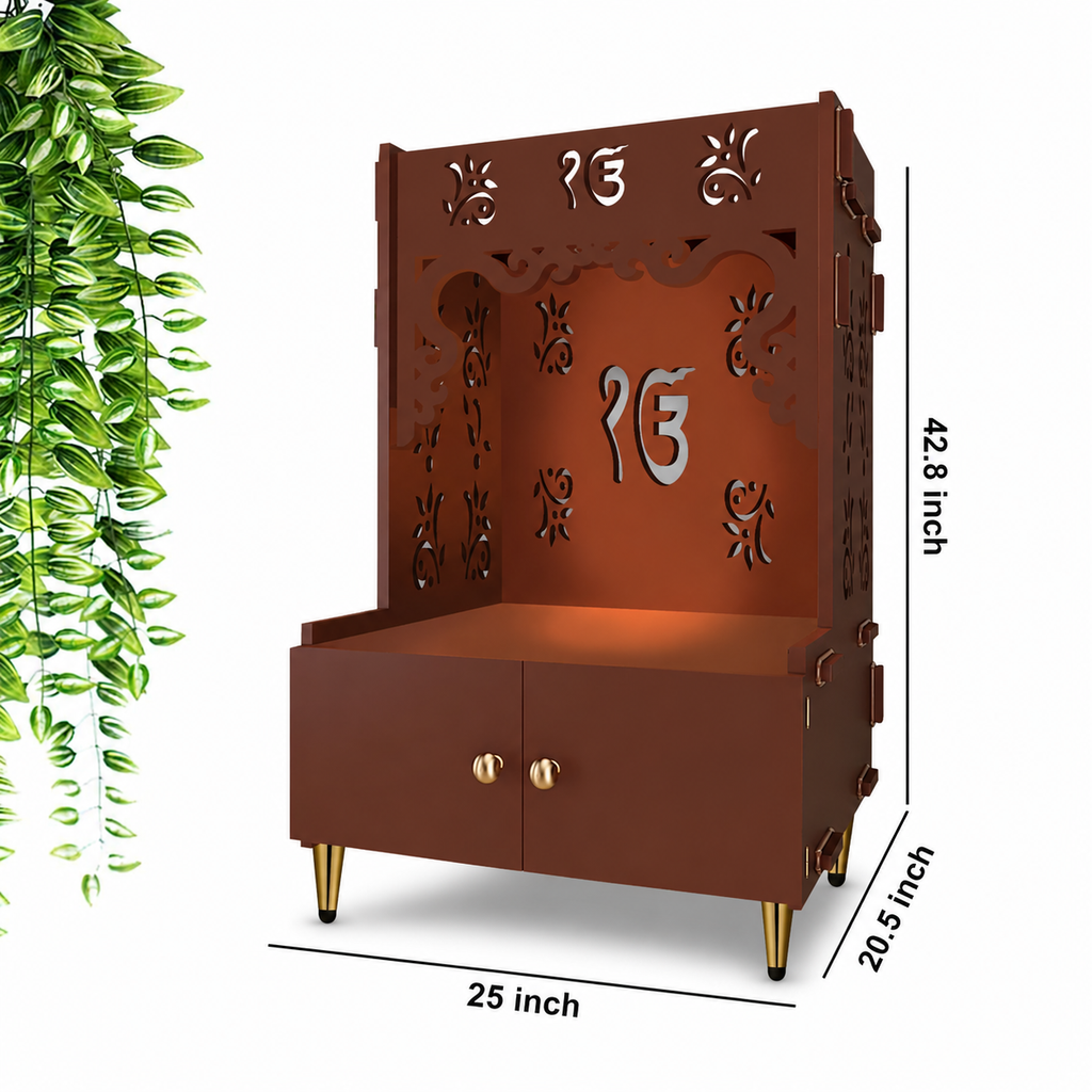 Ek-onkar Holy Symbol Floor Temple with Spacious Wooden Shelf & Inbuilt Focus Light- Brown Finish