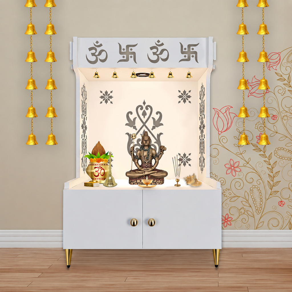 OM Swastika Symbol of Hindu Religious Floor Temple with Spacious Wooden Shelf & Inbuilt Focus Light- White Finish