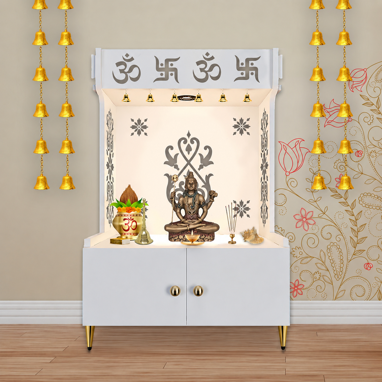 OM Swastika Symbol of Hindu Religious Floor Temple with Spacious Wooden Shelf & Inbuilt Focus Light- White Finish