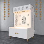 OM Swastika Symbol of Hindu Religious Floor Temple with Spacious Wooden Shelf & Inbuilt Focus Light- White Finish