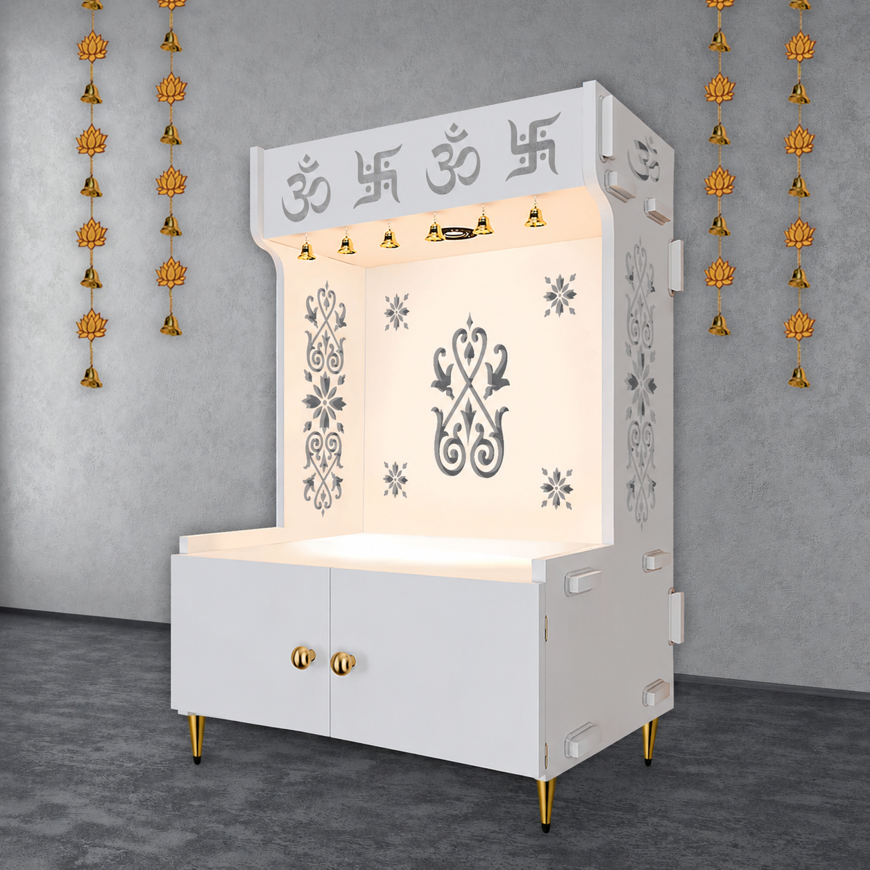 OM Swastika Symbol of Hindu Religious Floor Temple with Spacious Wooden Shelf & Inbuilt Focus Light- White Finish
