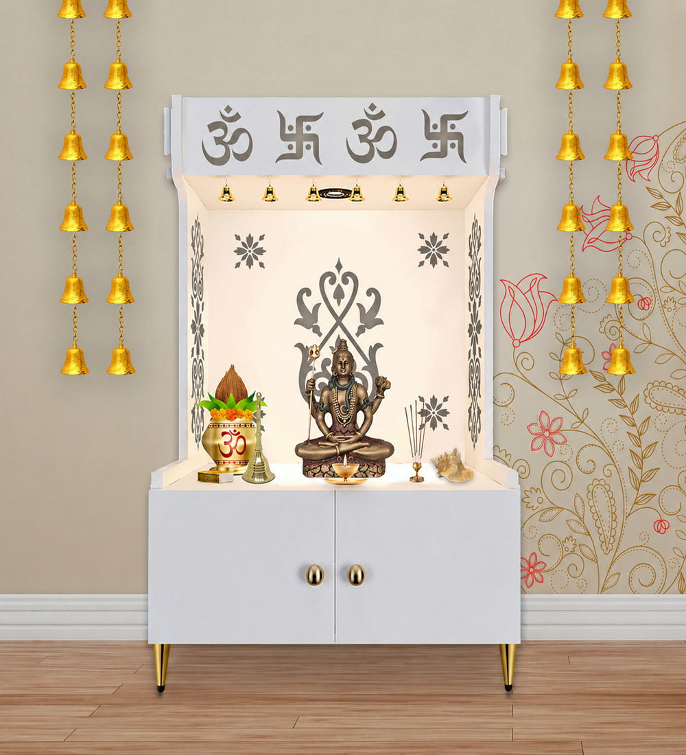 OM Swastika Symbol of Hindu Religious Floor Temple with Spacious Wooden Shelf & Inbuilt Focus Light- White Finish