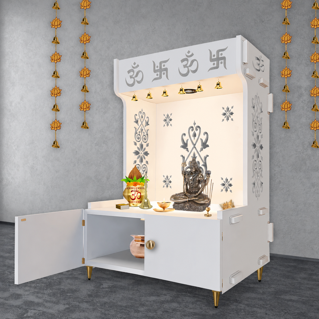 OM Swastika Symbol of Hindu Religious Floor Temple with Spacious Wooden Shelf & Inbuilt Focus Light- White Finish