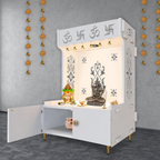 OM Swastika Symbol of Hindu Religious Floor Temple with Spacious Wooden Shelf & Inbuilt Focus Light- White Finish