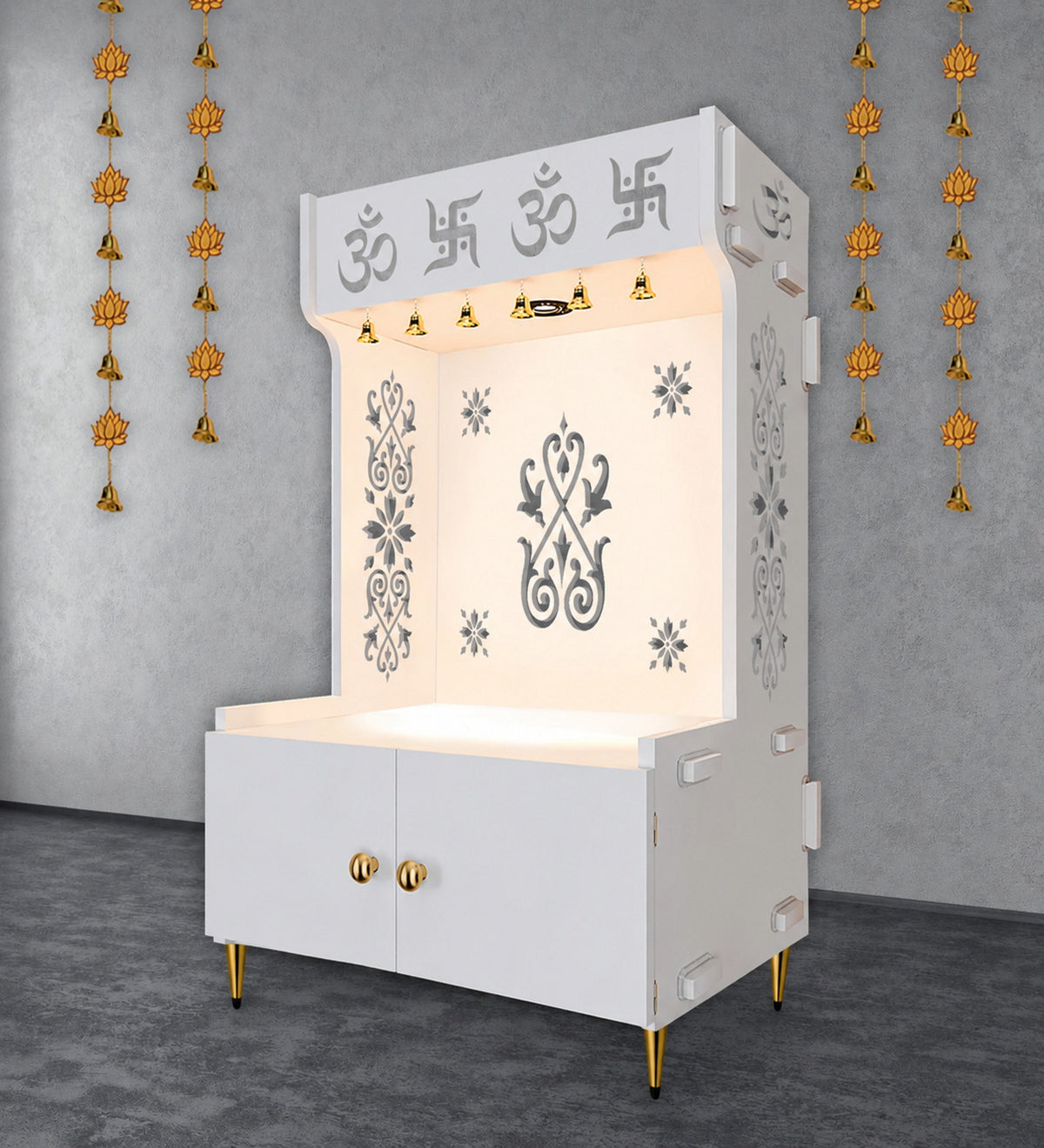 OM Swastika Symbol of Hindu Religious Floor Temple with Spacious Wooden Shelf & Inbuilt Focus Light- White Finish
