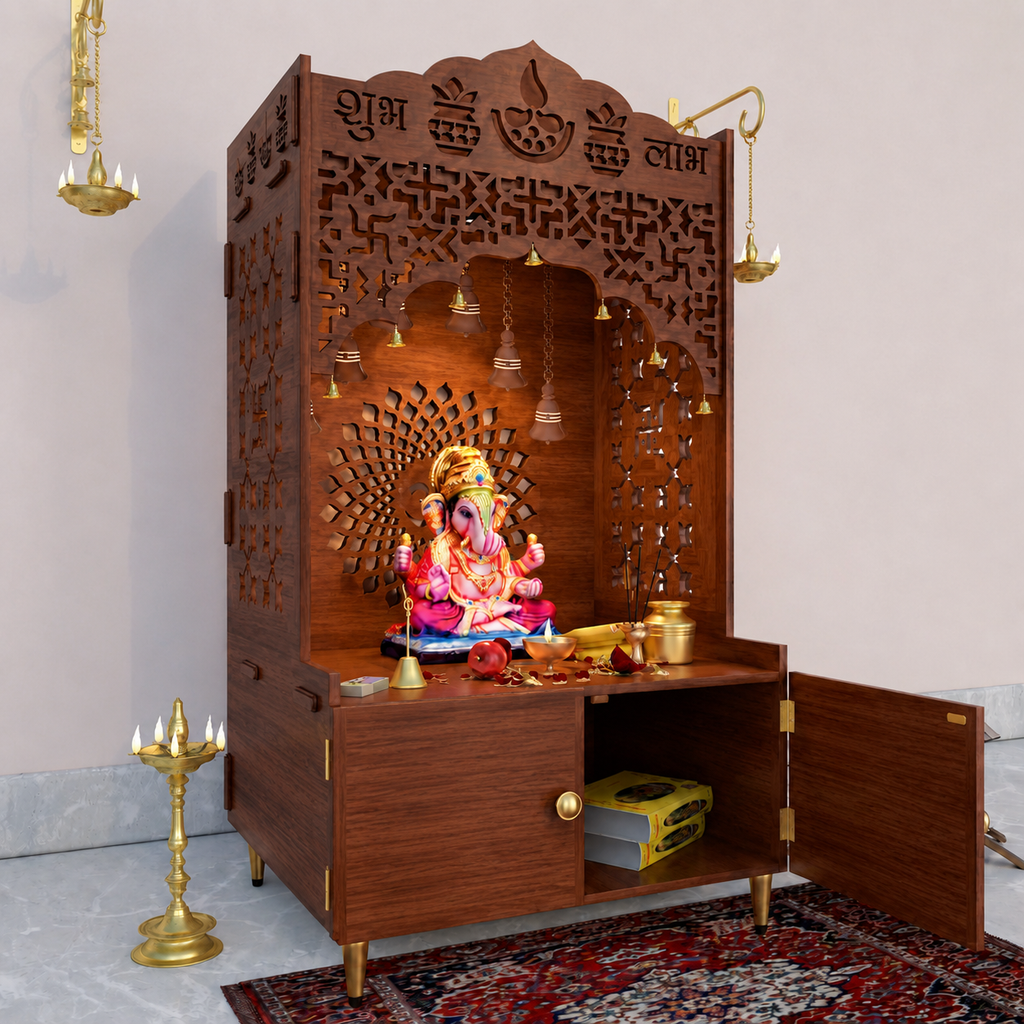 Shubh Labh Engraving White Wooden Floor Cabinet Home Temple