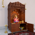 Shubh Labh Engraving White Wooden Floor Cabinet Home Temple