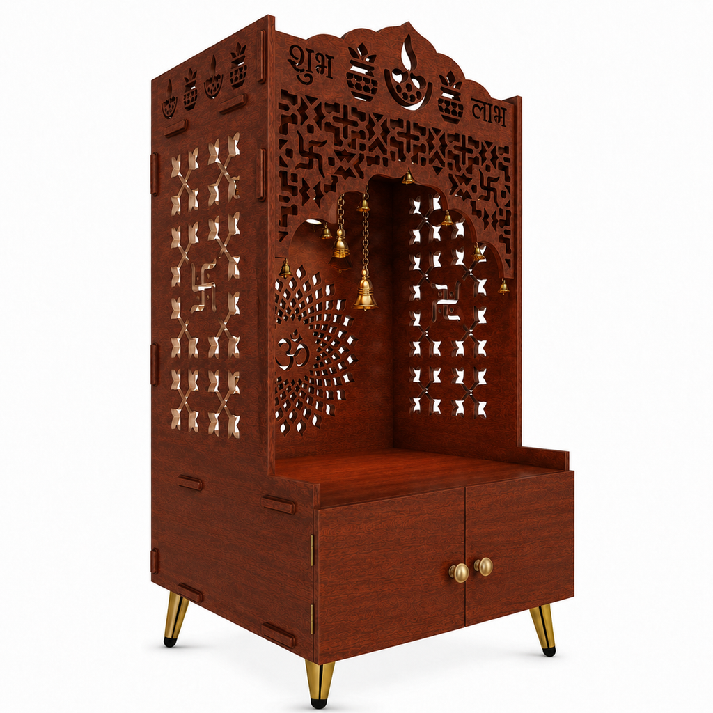 Shubh Labh Engraving White Wooden Floor Cabinet Home Temple