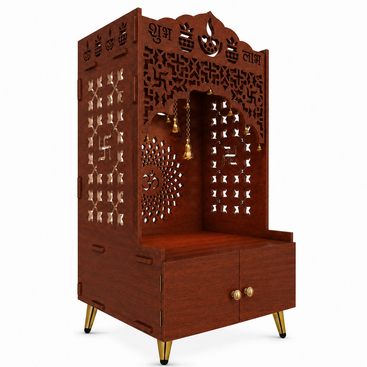Shubh Labh Engraving White Wooden Floor Cabinet Home Temple