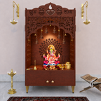 Shubh Labh Engraving White Wooden Floor Cabinet Home Temple