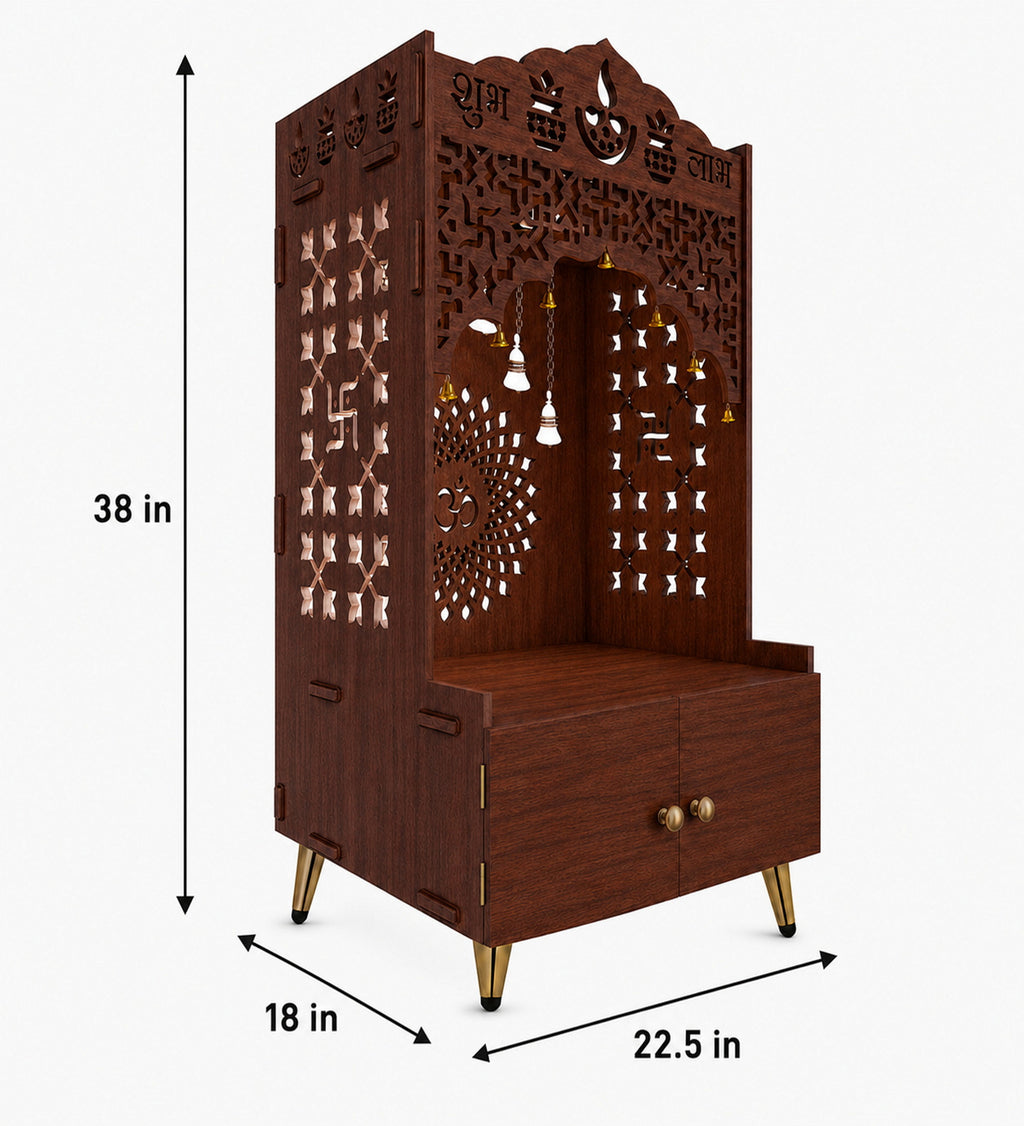 Shubh Labh Engraving White Wooden Floor Cabinet Home Temple